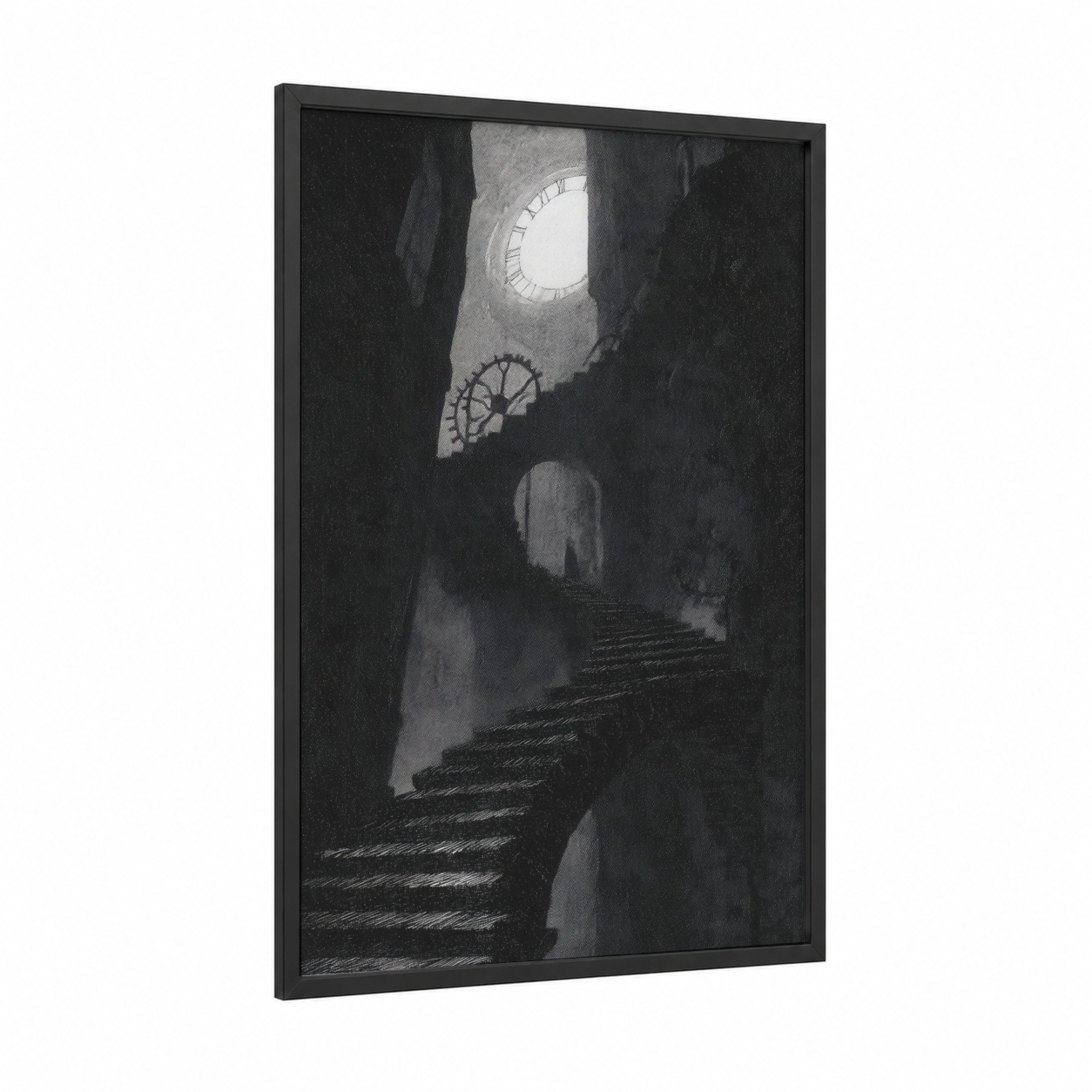Clocktower Stairs framed staircase print — black wood frame — black and white and gray palette