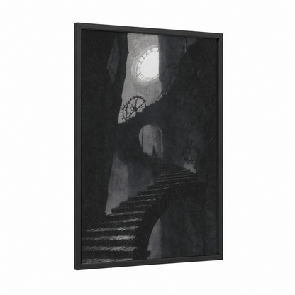 Clocktower Stairs framed staircase print — black wood frame — black and white and gray palette