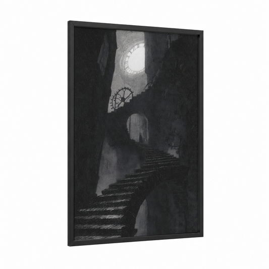 Clocktower Stairs framed staircase print — black wood frame — black and white and gray palette
