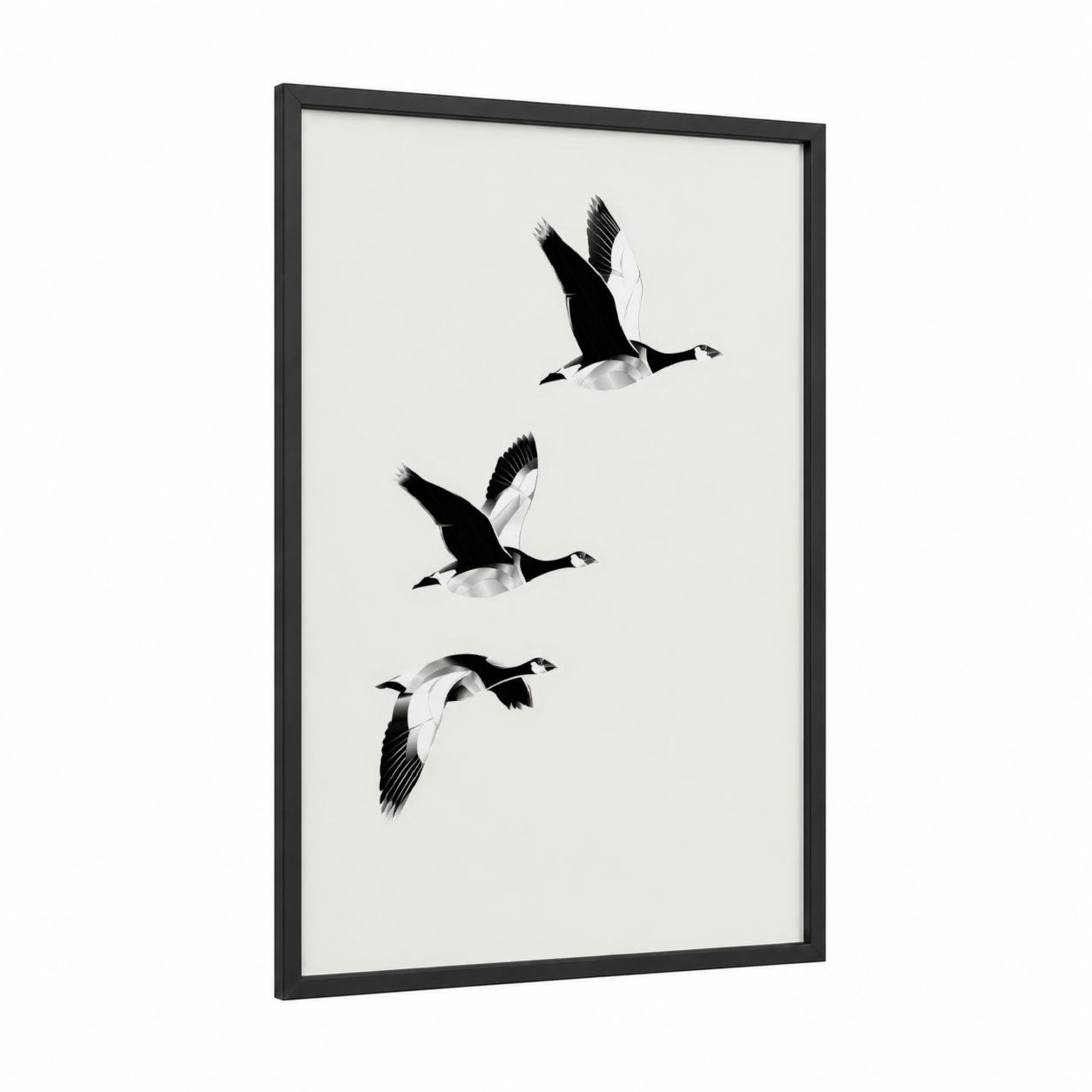 Flying Geese Trio framed art print — black wood frame — black and white and gray palette