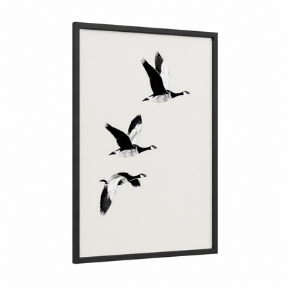 Flying Geese Trio framed art print — black wood frame — black and white and gray palette