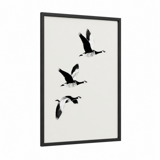 Flying Geese Trio framed art print — black wood frame — black and white and gray palette