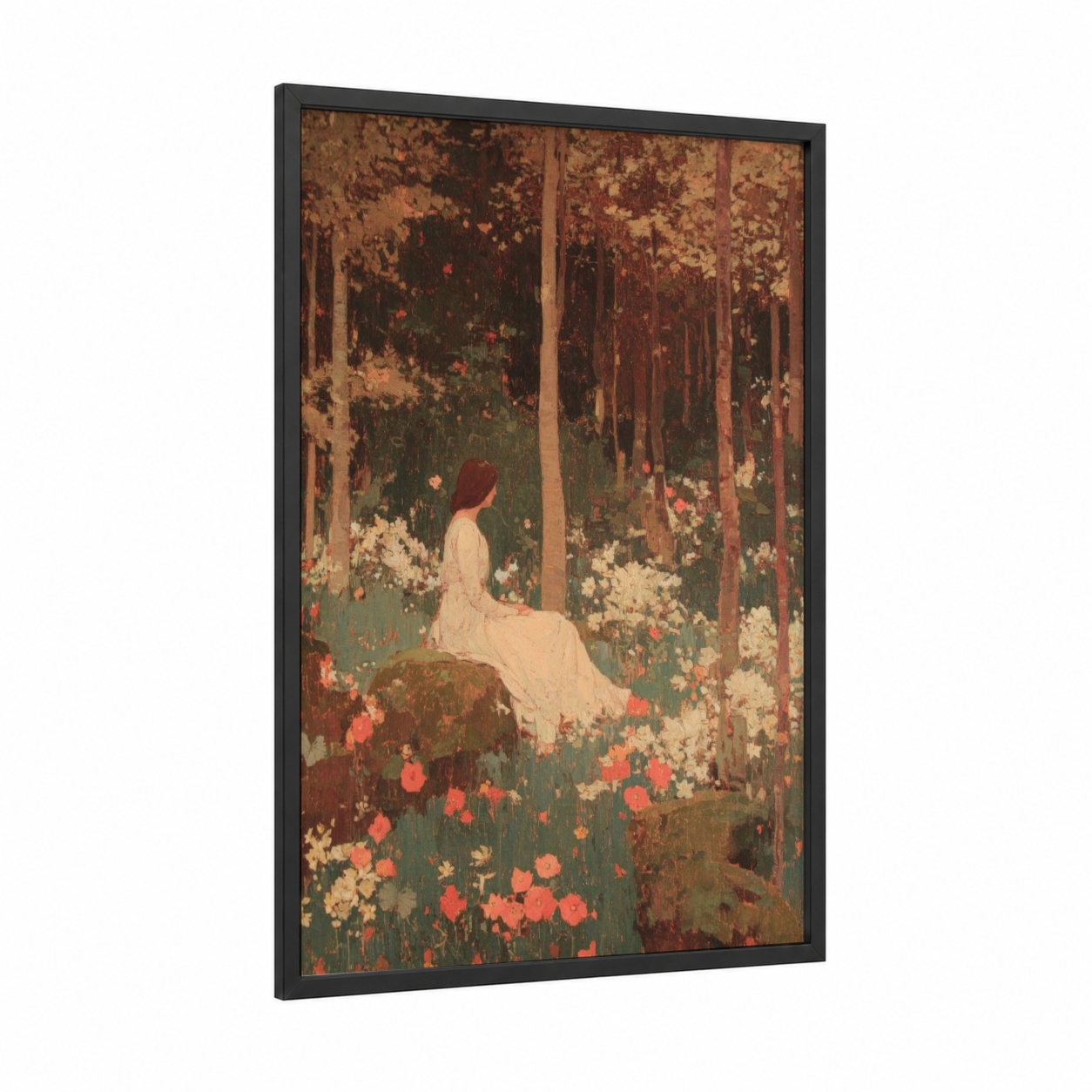 Floral May Day framed art print — black wood frame — rose gold and sage green palette