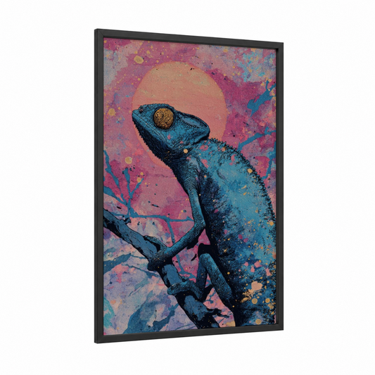 Cosmic Chameleon framed art print — black wood frame — magenta and gold palette