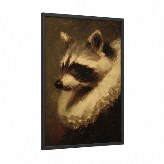 Masked Portrait Raccoon framed art print — black wood frame — brown and cream palette