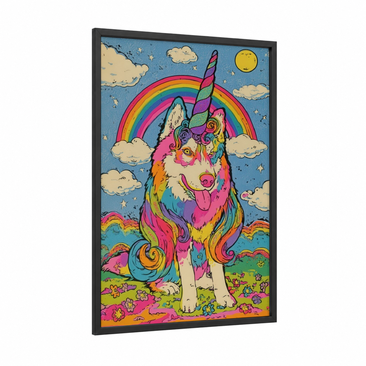 Rainbow Husky framed art print — black wood frame — magenta and blue palette