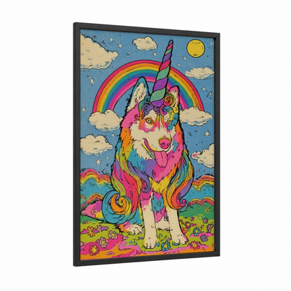 Rainbow Husky framed art print — black wood frame — magenta and blue palette