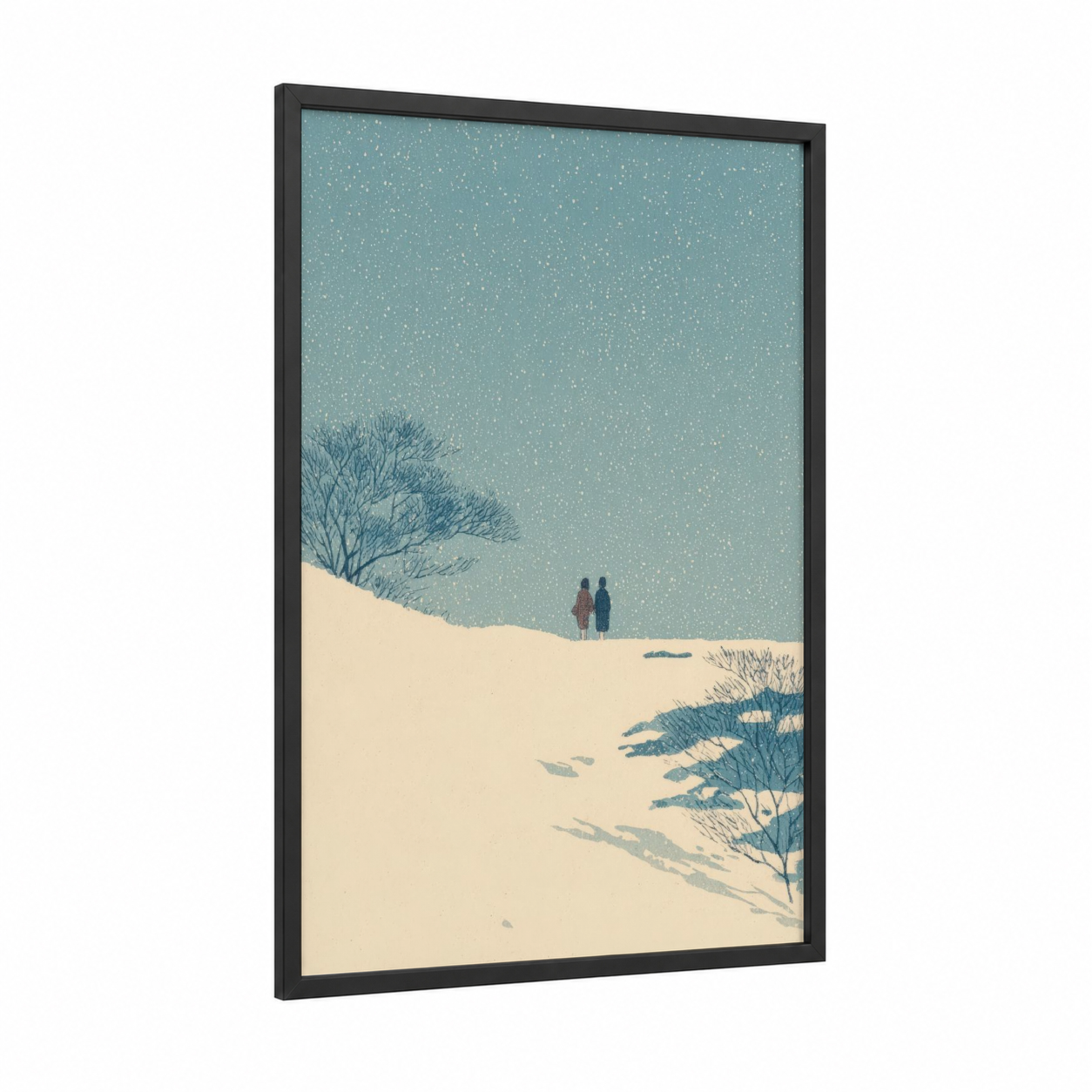 Snowy Romance framed couple print — black wood frame — blue and white and cream palette