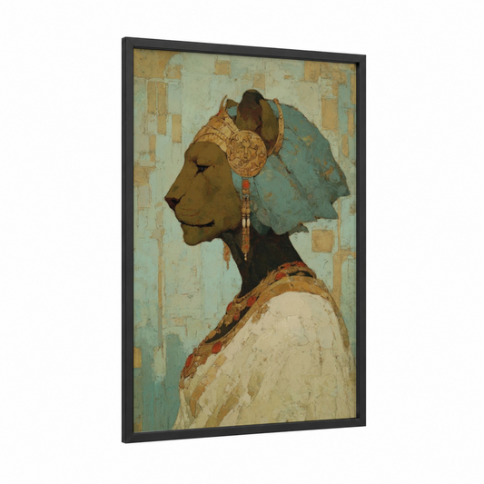 Regal Sphinx Profile framed art print — black wood frame — gold and sage green palette