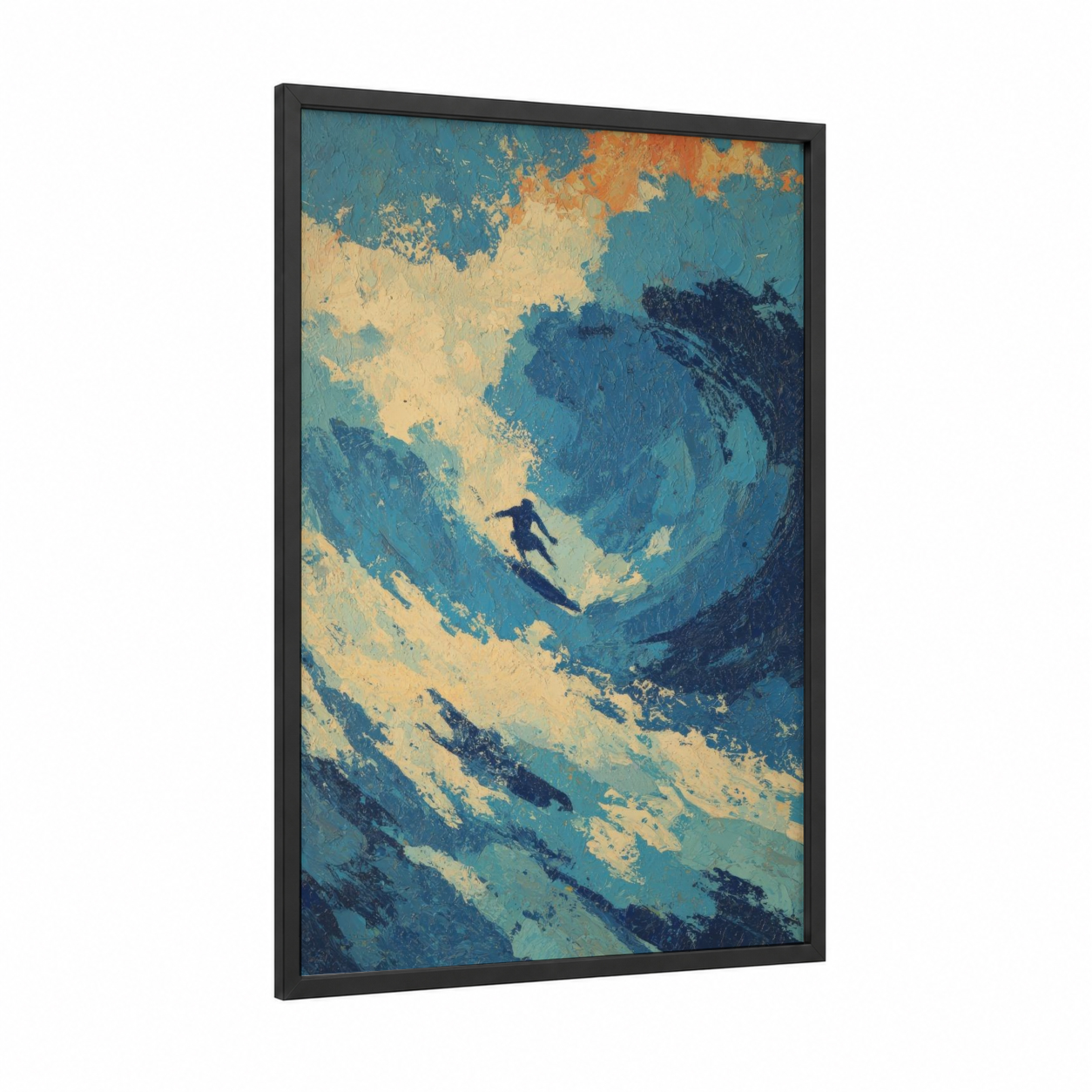 Wave Rider framed water surfing print — black wood frame — blue and gold palette