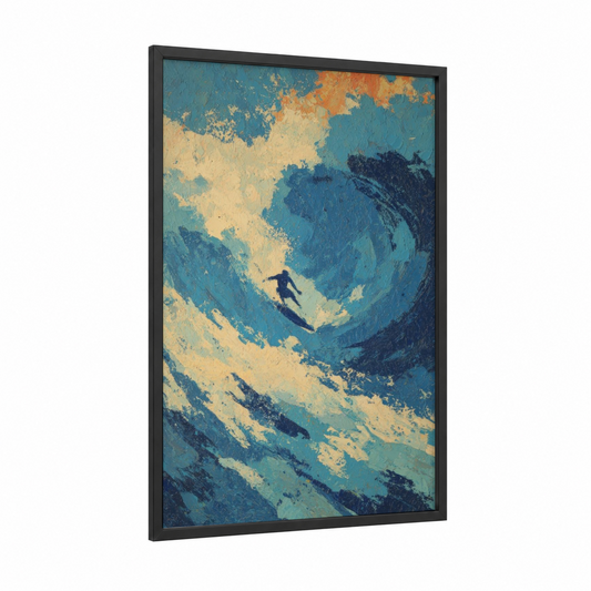 Wave Rider framed water surfing print — black wood frame — blue and gold palette