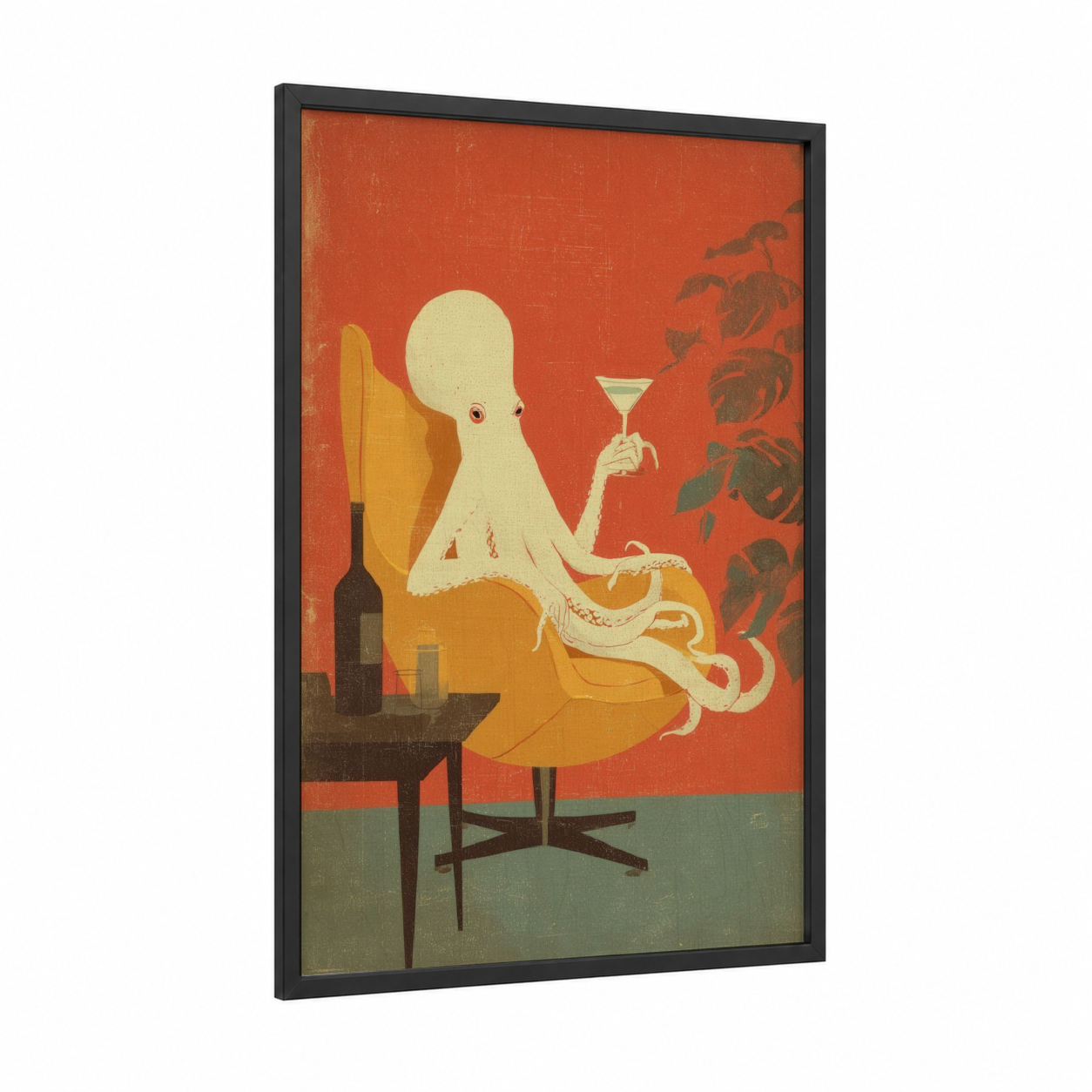 Sophisticated Octopus framed art print — black wood frame — russet and gold palette