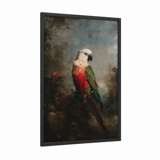 Scarlet Macaw Portrait framed safari parrots print — black wood frame — red and dove gray palette