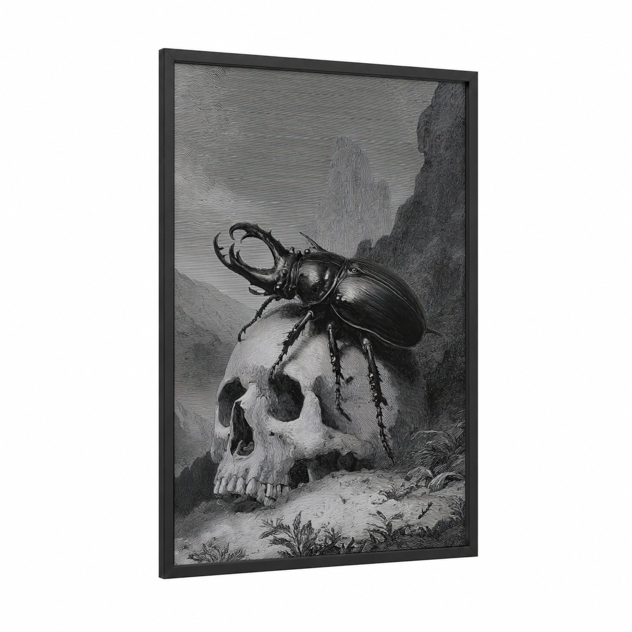 Skull Beetle framed art print — black wood frame — black and white and gray palette