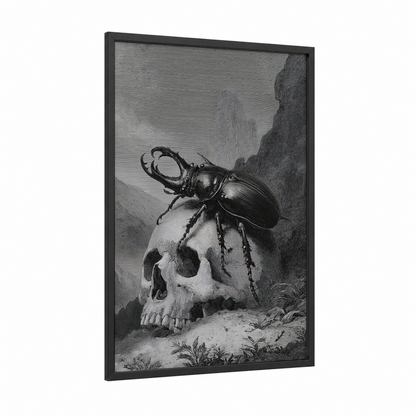 Skull Beetle framed art print — black wood frame — black and white and gray palette