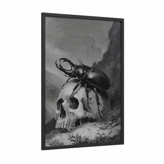 Skull Beetle framed art print — black wood frame — black and white and gray palette
