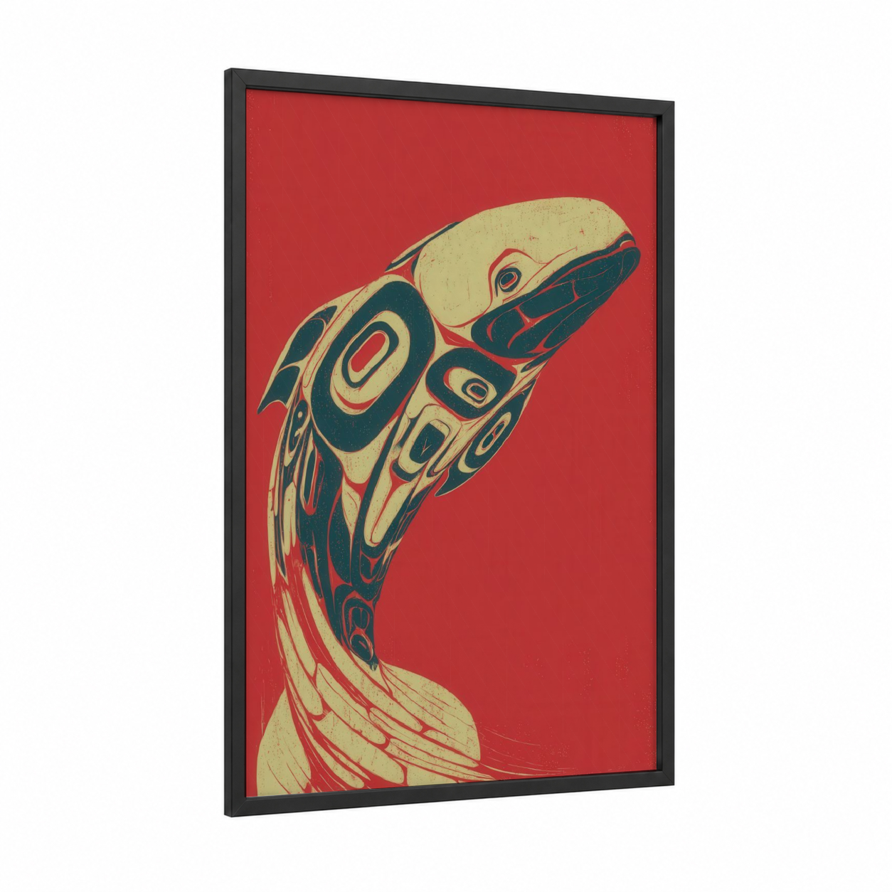 Crimson Beluga framed beluga whale print — black wood frame — red and cream palette