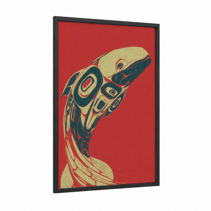 Crimson Beluga framed beluga whale print — black wood frame — red and cream palette