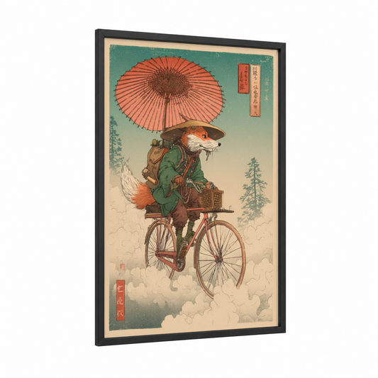 Cloud Cyclist Fox framed art print — black wood frame — rust and teal palette