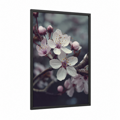 Spring Blossom Cluster framed cherry blossoms print — black wood frame — white and lavender palette
