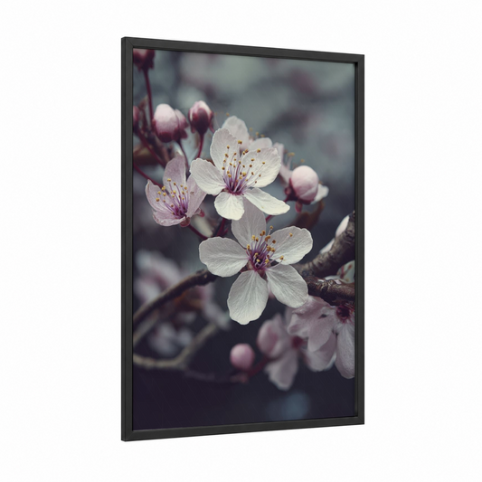 Spring Blossom Cluster framed cherry blossoms print — black wood frame — white and lavender palette