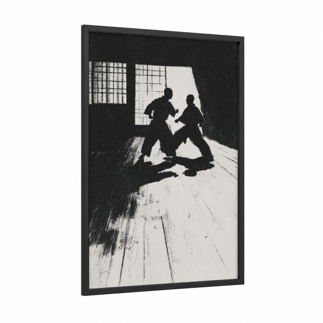 Dojo Silhouette framed karate print — black wood frame — black and white palette