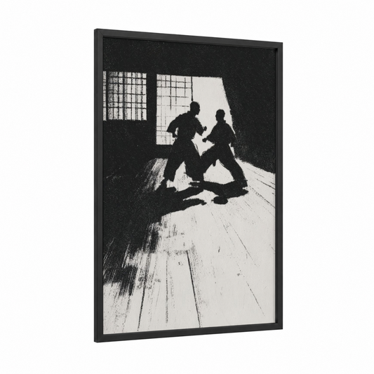 Dojo Silhouette framed karate print — black wood frame — black and white palette