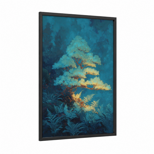 Luminous Bonsai framed bonsai tree print — black wood frame — teal and gold palette