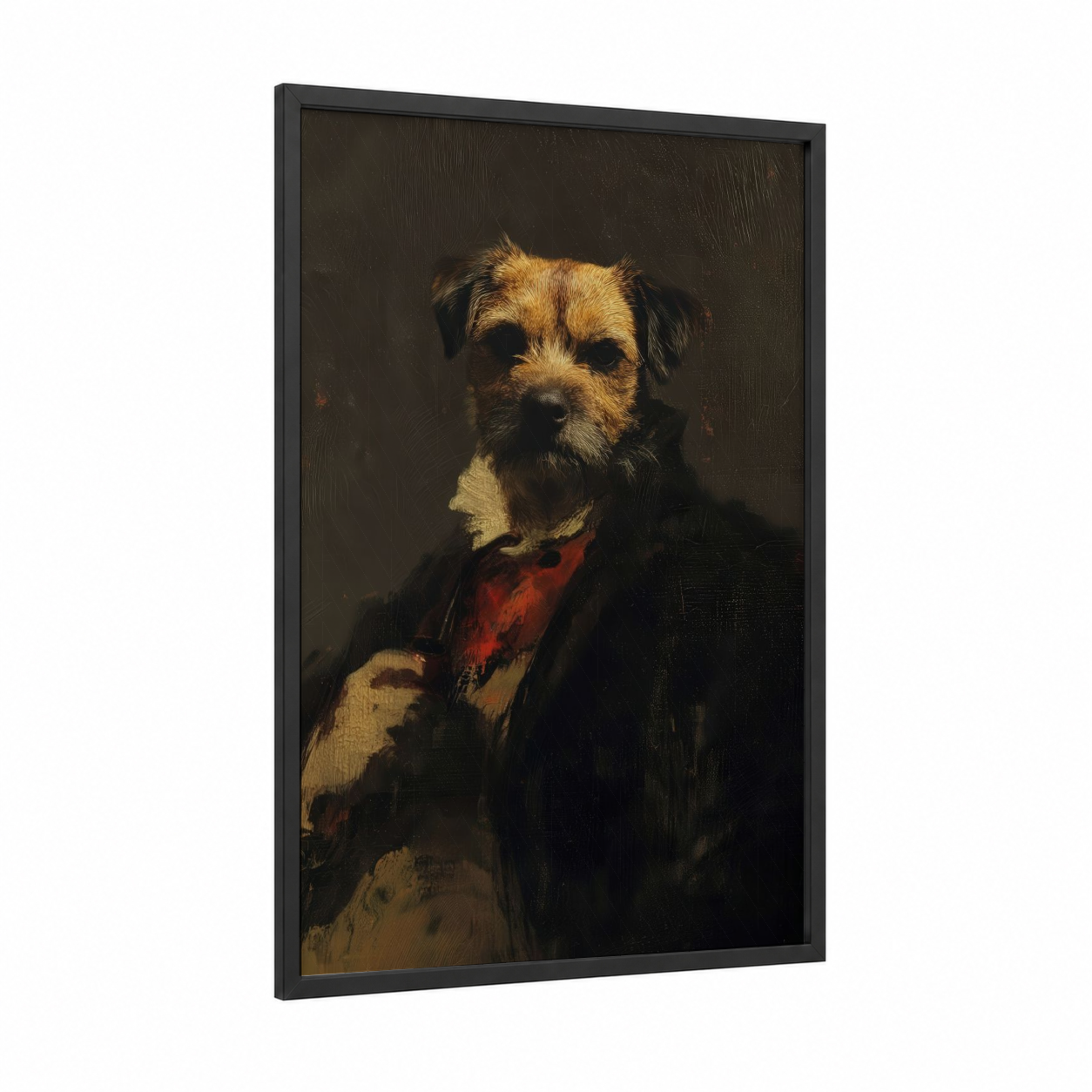 Dapper Terrier framed art print — black wood frame — black and gold and russet palette
