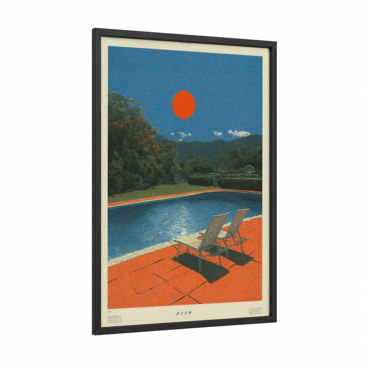 Poolside Sunset framed japanese y2k print — black wood frame — orange and blue palette