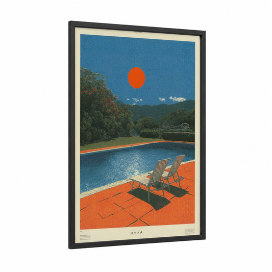 Poolside Sunset framed japanese y2k print — black wood frame — orange and blue palette
