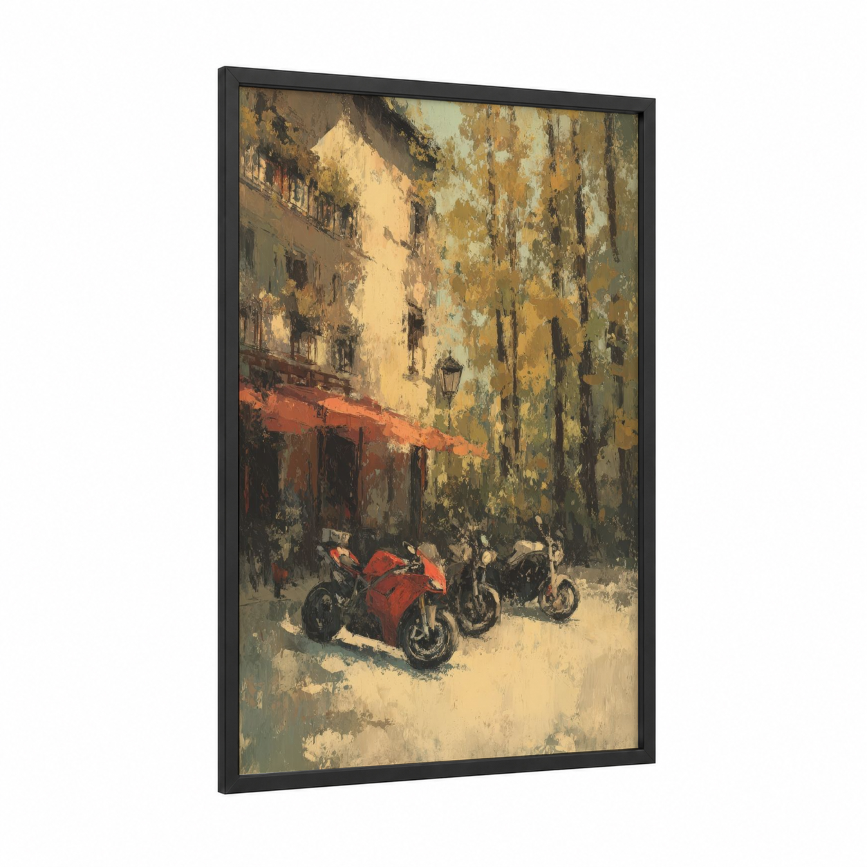 Italian Vintage Motorcycles framed art print — black wood frame — gold palette