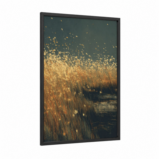 Golden Grain Field framed art print — black wood frame — gold and dove gray palette
