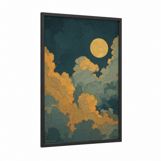Golden Moonrise framed night sky print — black wood frame — teal and gold palette