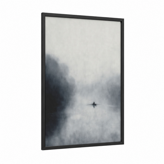 Misty Canal framed art print — black wood frame — gray and white and dove gray palette