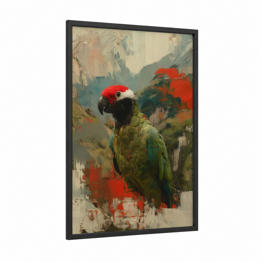 Crimson Macaw framed safari parrots print — black wood frame — red and green palette
