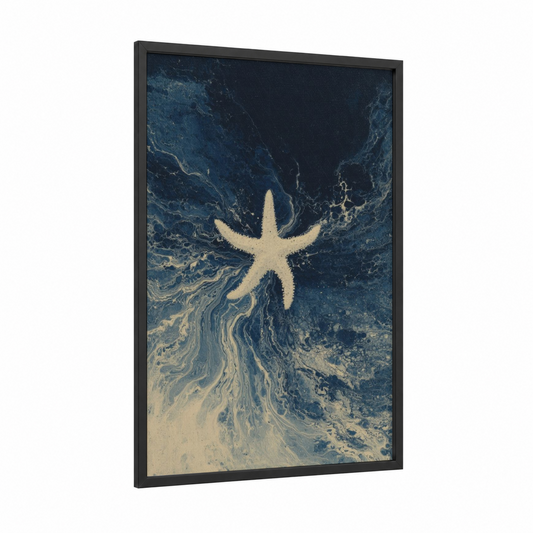 Celestial Starfish framed art print — black wood frame — dark blue and gold and white palette