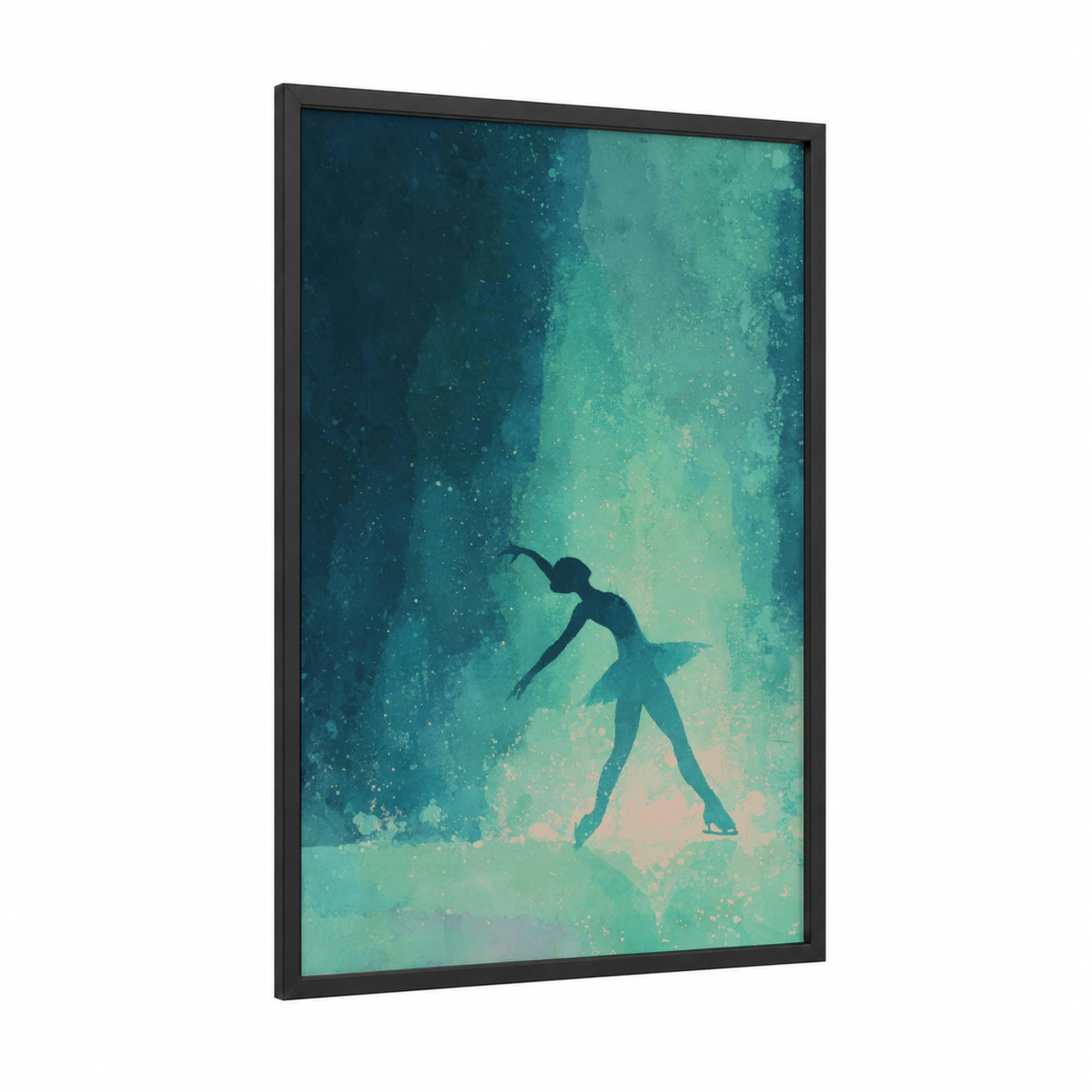 Graceful Ice Skater framed ice skating print — black wood frame — teal and turquoise palette