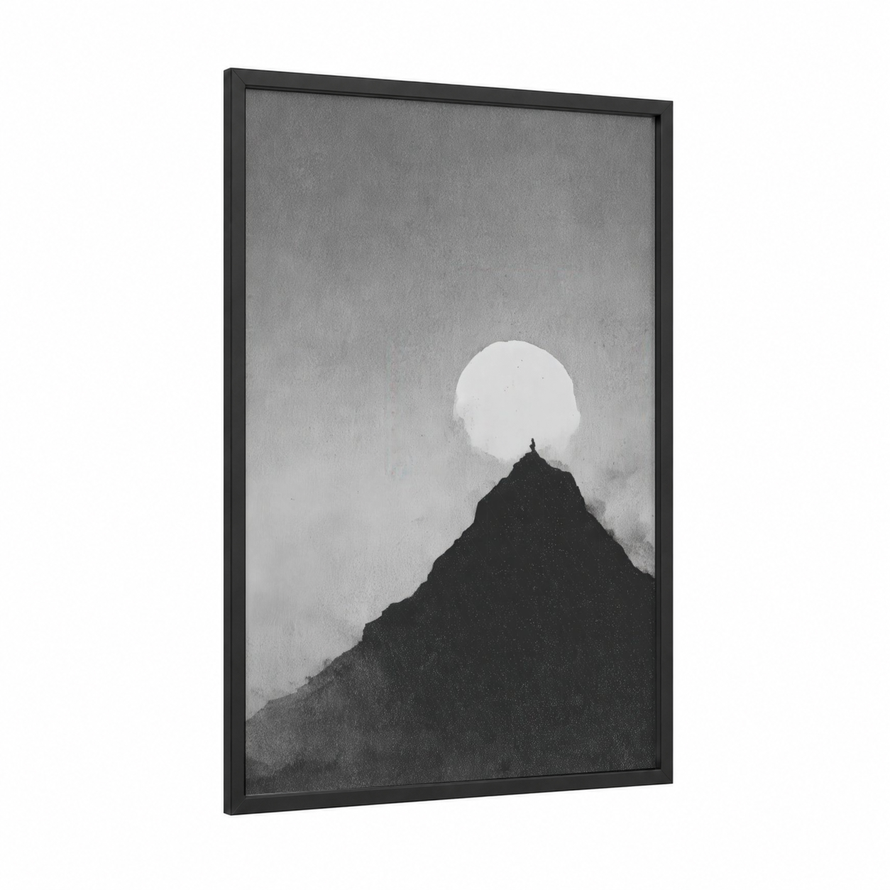 Moonlit Peak framed art print — black wood frame — black and white palette