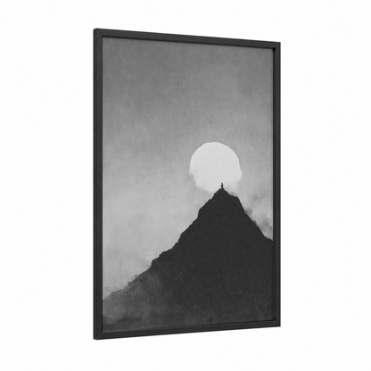 Moonlit Peak framed art print — black wood frame — black and white palette