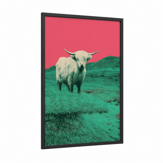 Highland Pasture framed highland cow print — black wood frame — pink and true green palette
