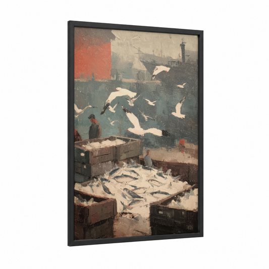 Snowy Harbor Fishing framed art print — black wood frame — gray and cream palette