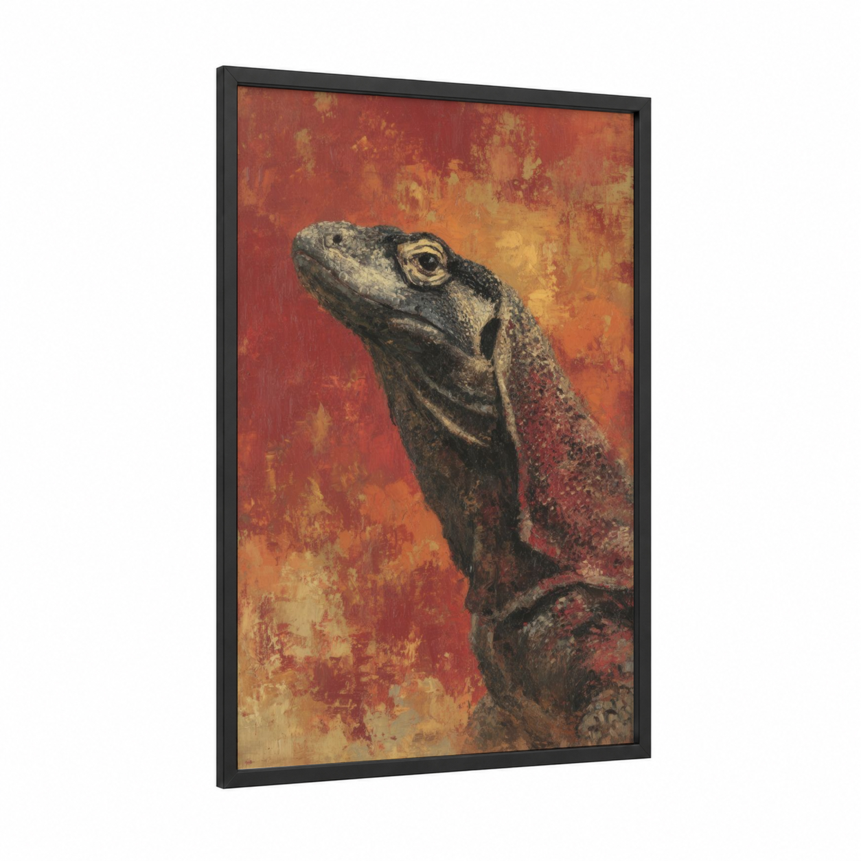 Crimson Lizard framed art print — black wood frame — red and gold palette