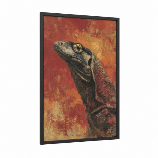 Crimson Lizard framed art print — black wood frame — red and gold palette