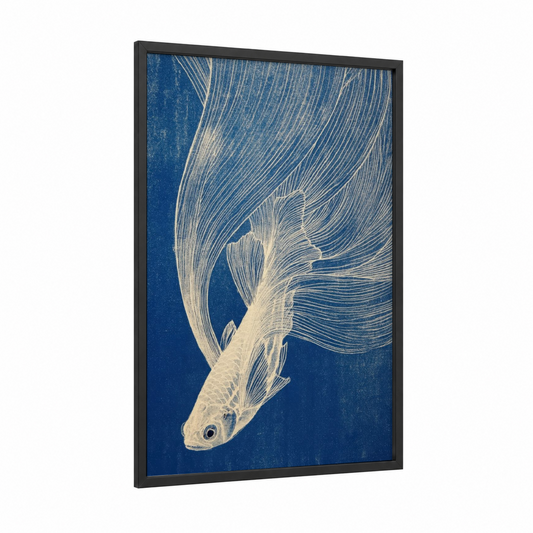 Flowing Zebrafish framed art print — black wood frame — blue and white and dark blue palette