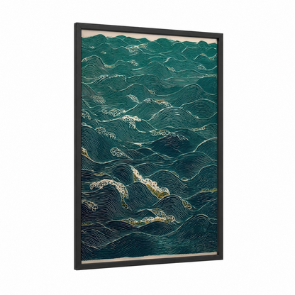 Gilded Ocean Waves framed seascapes and ocean print — black wood frame — teal and gold palette