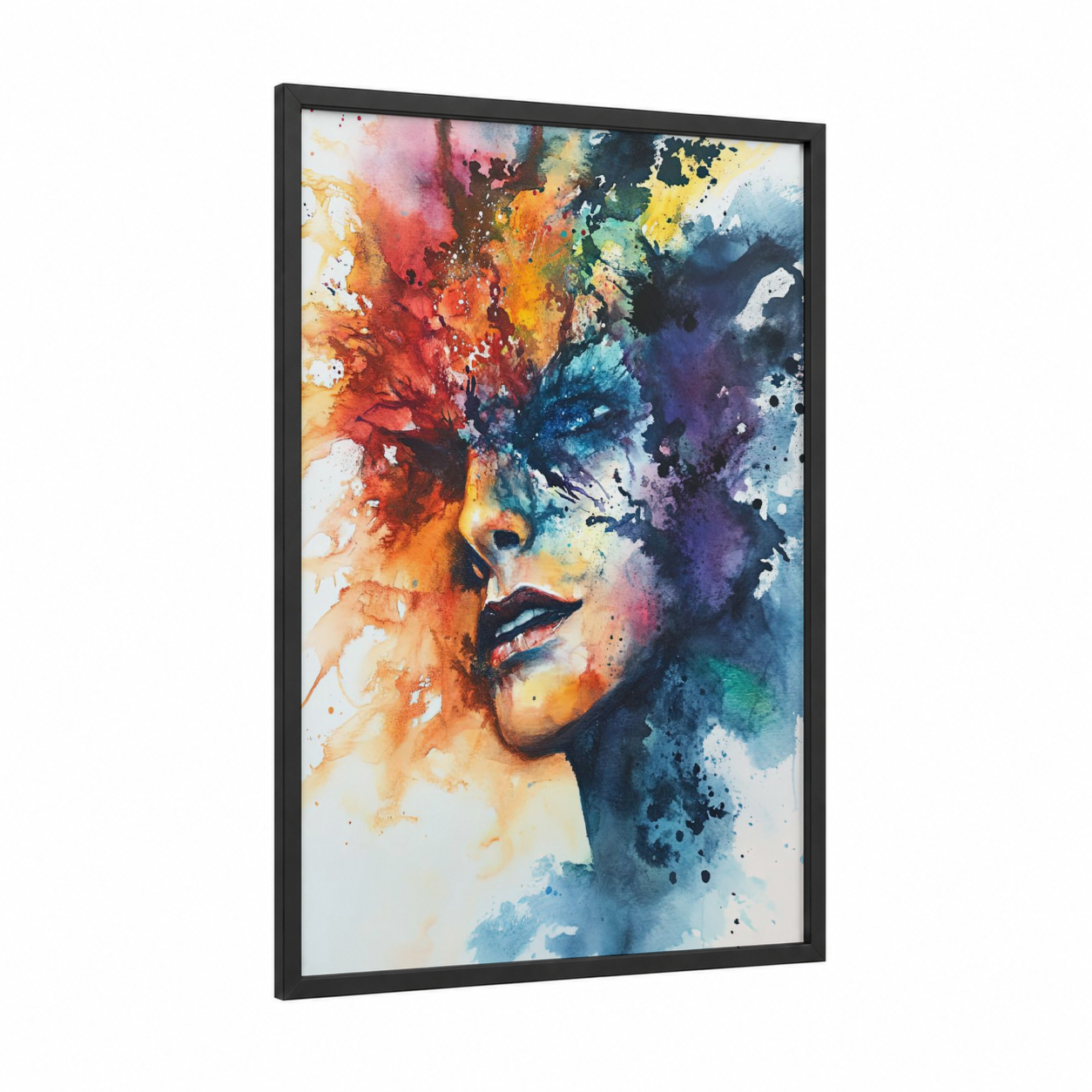 Colorful Fashion Portrait framed fashion illustration print — black wood frame — multi-color and gold and teal palette