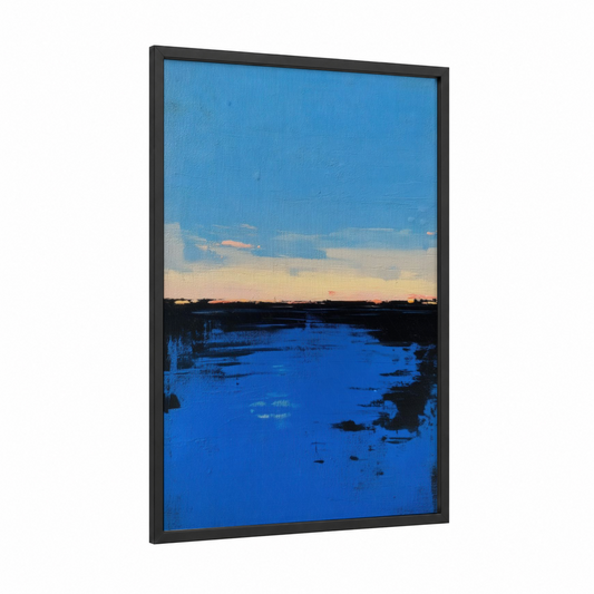 Twilight Marsh framed abstract classic print — black wood frame — blue and peach palette