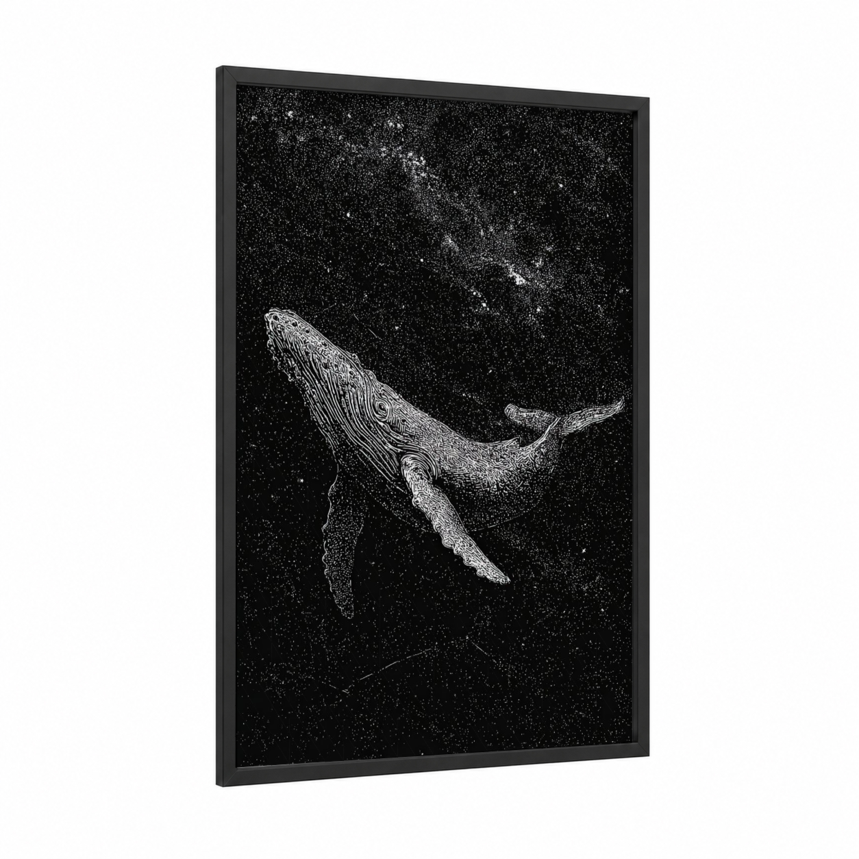 Celestial Humpback framed humpback whale print — black wood frame — black and white palette