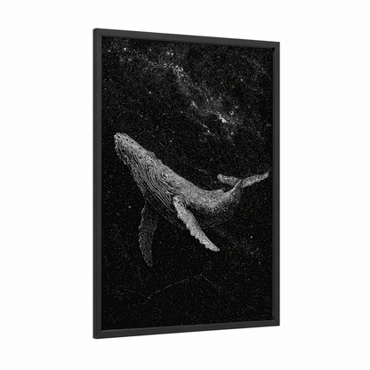 Celestial Humpback framed humpback whale print — black wood frame — black and white palette